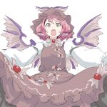  1girl animal_ears bird_ears bird_wings brown_dress brown_eyes brown_headwear dress exkagerou8665 frilled_dress frilled_sleeves frills grey_wings hat highres long_sleeves mystia_lorelei one-hour_drawing_challenge open_mouth pink_hair short_hair simple_background sleeve_garter solo touhou white_background winged_hat wings 