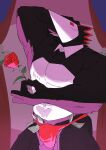  avian black_body black_feathers blush bulge clothed clothing darkner deltarune feathers flower g-string hi_res male mask money muscular nico26b plant red_eyes rose_(flower) solo swatchling undertale_(series) underwear 