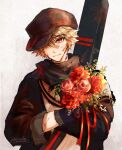  1boy arknights black_gloves black_headwear black_jacket blood blood_on_face bouquet cabbie_hat closed_mouth flower gloves grey_background hair_between_eyes hat highres holding holding_bouquet jacket light_brown_hair looking_at_viewer male_focus oonohara_kenya open_clothes open_jacket red_(npc)_(arknights) red_eyes red_flower red_rose rose shirt simple_background smile solo upper_body white_shirt 