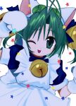  1girl :p animal_hat antenna_hair apron bell blue_dress blue_ribbon blunt_ends cat_hat dejiko di_gi_charat dress frilled_apron frills green_eyes green_hair hair_bell hair_ornament hair_ribbon hat highres jingle_bell looking_at_viewer maid_apron one_eye_closed parted_bangs pepeppepe101 ribbon short_hair smile tongue tongue_out white_mittens 