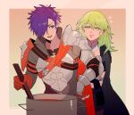  1boy 1girl armor black_cape breastplate byleth_(female)_(fire_emblem) byleth_(fire_emblem) cape commentary_request cooking enlightened_byleth_(female) fingerless_gloves fire_emblem fire_emblem:_three_houses fire_emblem_warriors:_three_hopes gauntlets gloves green_eyes green_hair hair_between_eyes hair_over_one_eye hand_on_own_hip long_hair looking_at_another looking_to_the_side nzmnnkk one_eye_covered orange_cape orange_gloves purple_eyes purple_hair shez_(fire_emblem) shez_(male)_(fire_emblem) short_hair shoulder_armor smile 