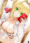  1girl absurdres ahoge apple_inc. bed bent_over blonde_hair blush braid breasts cellphone cle_masahiro cleavage collarbone fate_(series) fingernails french_braid green_eyes hair_ribbon highres indoors iphone large_breasts lingerie long_sleeves mirror nero_claudius_(fate) non-web_source open_clothes open_mouth open_shirt petals phone red_ribbon reflection ribbon rose_petals selfie shirt smartphone solo underwear white_shirt 