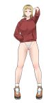  1girl blonde_hair cameltoe chainsaw_man cleft_of_venus full_body hand_in_pocket hand_up highres hood hoodie micro_panties panties red_eyes red_hoodie sawatari_akane_(chainsaw_man) shoes short_hair sidneyholic simple_background socks solo standing underwear white_background white_socks 