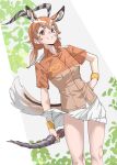  1girl blush brown_shirt collared_shirt cowboy_shot extra_ears hair_between_eyes highres horns impala_(kemono_friends) impala_ears impala_girl jacket kemono_friends light_brown_hair multicolored_hair pleated_skirt polearm safari_jacket shirt short_sleeves short_twintails skirt smile solo spear tanabe_(fueisei) twintails two-tone_shirt weapon white_skirt wristband 