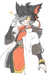  1boy :3 :q aak_(arknights) animal_ear_fluff animal_ears arknights black_hair black_nails braid cat_boy cat_ears coat colored_sclera cowboy_shot earrings furry furry_male grey_hair hand_up highres hood hooded_coat jewelry looking_at_viewer male_focus multicolored_hair orange_tunic shimauma_(zebra_vz) short_hair simple_background slit_pupils solo star_(symbol) tongue tongue_out two-tone_hair waving white_background white_coat yellow_sclera 