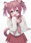  10_(user_cwuu4848) 1girl :d absurdres animal_ears blue_ribbon cat_ears cat_girl cat_tail eyes_visible_through_hair fang furrowed_brow green_eyes hair_between_eyes hair_ribbon highres kemonomimi_mode kobayakawa_yutaka long_sleeves looking_at_viewer lucky_star miniskirt neckerchief open_mouth pink_hair pink_neckerchief pink_tail pleated_skirt red_sailor_collar red_skirt ribbon ryouou_school_uniform sailor_collar school_uniform serafuku shirt short_hair sidelocks simple_background skin_fang skirt sleeves_past_wrists smile solo tail twintails white_background white_shirt 
