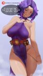  1girl araneesama bare_arms bare_shoulders belt boku_no_hero_academia breasts clothes_pull covered_navel covered_nipples dress dress_pull english_commentary english_text highres lady_nagant large_breasts licking_lips looking_to_the_side multicolored_hair patreon_username pelvic_curtain pink_hair pulled_by_self purple_dress purple_eyes purple_hair short_hair simple_background sleeveless_turtleneck_dress solo speech_bubble taut_clothes taut_dress teasing thighs tongue tongue_out two-tone_hair utility_belt 