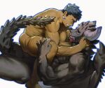  2boys ahegao aroused_nosebleed bara cowgirl_position dragon_boy dragon_horns dragon_tail eyebrow_cut from_side furry furry_with_non-furry girthy_penis highres horns interspecies male_focus multiple_boys muscular muscular_male original penis profile short_hair straddling tail thick_eyebrows uza_(hellme) yaoi 