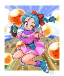  1girl aqua_hair belt blue_footwear blush breasts brown_belt brown_gloves bulma dragon_ball dragon_ball_(classic) dragon_ball_(object) gloves happy one_eye_closed roba_takahiro signature single_glove smile solo star_(symbol) teeth v 