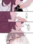  2girls biting blush d0600059994959 finger_in_another&#039;s_mouth glove_biting glove_pull gloves grey_hair hair_between_eyes hand_blush highres honkai:_star_rail honkai_(series) kafka_(honkai:_star_rail) multiple_girls purple_hair removing_glove stelle_(honkai:_star_rail) teeth trailblazer_(honkai:_star_rail) yellow_eyes yuri 