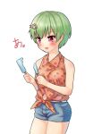  1girl absurdres bare_arms blush collared_shirt cowboy_shot crocodile_hair_ornament denim denim_shorts eyelashes flower food frown green_hair hair_between_eyes hawaiian_shirt highres holding holding_food holding_popsicle looking_at_food looking_down may_salamanya nomura_miki open_mouth pink_eyes popsicle shirt short_hair shorts simple_background sleeveless sleeveless_shirt solo standing summer_pockets sunflower translated unequal_popsicle_division v-shaped_eyebrows white_background 