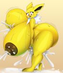  anthro areola big_breasts big_butt blush bodily_fluids breasts butt canid canine canis cum digital_media_(artwork) eeveelution female female/female feral fur generation_1_pokemon genital_fluids genitals hair hi_res huge_breasts huge_butt hyper jolteon lactating looking_at_viewer mammal milk nintendo nipples nude open_mouth pokemon pokemon_(species) pussy simple_background smile solo thiccbuns tongue vaginal yellow_body yellow_fur 