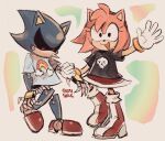  1boy 1girl 9474s0ul amy_rose animal_ears animal_nose arm_grab arm_up black_eyes black_shirt blue_shirt boots bracelet commentary english_commentary full_body furry furry_female gloves highres jewelry looking_at_viewer metal_sonic open_mouth print_shirt rainbow_print red_eyes red_footwear robot shirt short_sleeves simple_background skull_print smile sonic_(series) standing t-shirt white_gloves 