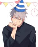  1boy analog_clock black_sweater blue_eyes clock grey_hair hat hatake_kakashi looking_to_the_side male_focus mirin_(coene65) mole mole_under_mouth naruto_(series) one_eye_closed party_hat scar scar_across_eye short_hair solo string_of_flags striped striped_headwear sweater upper_body wall_clock 