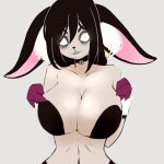  absurd_res anthro big_breasts black_hair bovid bovine breasts cattle cleavage clothed clothing collar female fur hair hi_res hooves lagomorph leporid mammal markings nyha(shybun) rabbit solo spots spotted_markings tag unknown_artist 