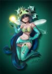  1girl absurdly_long_hair annetta_fish_(rayman) aqua_gloves aqua_skirt aqua_thighhighs bare_shoulders blue_hair breasts cleavage elbow_gloves fairy fairy_wings fish_skeleton gloves gradient_background green_background hand_on_own_hip highres ladystarpanda long_hair looking_at_viewer medium_breasts rayman_origins shell shell_bikini signature skirt smile solo sparkle thighhighs very_long_hair wings 