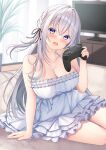  1girl absurdres arm_support bare_arms blurry blurry_background blush breasts carpet cleavage collarbone commentary_request controller crossed_bangs curtains dress fang game_controller grey_hair hair_between_eyes hair_ribbon hanonokusa head_tilt highres holding holding_controller holding_game_controller indoors large_breasts living_room long_hair looking_at_viewer open_mouth original plant potted_plant purple_eyes ribbon sidelocks sitting smile solo television white_dress 