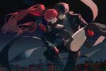  1boy 1girl absurdres amamiya_ren binxngchng1 black_hair black_jacket black_leotard breasts carrying carrying_person city_lights cityscape gloves hair_between_eyes highres holding jacket leotard long_hair long_sleeves night pants persona persona_5 persona_5_the_royal ponytail princess_carry red_eyes red_gloves red_hair ribbon sky very_long_hair yoshizawa_kasumi 