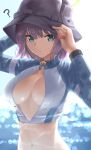  1girl ? absurdres accidental_exposure blue_archive blurry bokeh breasts breasts_apart bucket_hat depth_of_field halo hat highres looking_at_viewer medium_breasts navel official_alternate_costume okano_yuto outdoors purple_hair rash_guard saki_(blue_archive) saki_(swimsuit)_(blue_archive) solo sweatdrop upper_body wardrobe_malfunction 