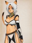  1girl adventurer_(ff11) animal_ears black_headband blue_eyes breasts cat_ears cat_girl cat_tail cleavage cowboy_shot doraeshi facial_mark final_fantasy final_fantasy_xi groin headband loincloth medium_breasts mithra_(ff11) navel no_eyebrows short_hair solo standing tail tail_raised whisker_markings white_hair 