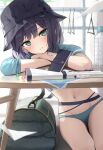  1girl absurdres bag bikini black_hair black_headwear blue_archive blue_bikini blue_eyes blue_jacket blush bucket_hat commentary crop_top cropped_jacket gun hat hidulume highres jacket leaning_on_table looking_at_viewer navel official_alternate_costume saki_(blue_archive) saki_(swimsuit)_(blue_archive) shadow short_hair shoulder_bag smile solo stomach swimsuit table weapon 