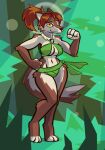  2023 4_fingers amber_eyes anthro aygee barefoot breasts brown_body brown_fur canid canine canis clothing digital_media_(artwork) feet female fingers fist fur green_clothing hair looking_at_viewer mammal navel red_hair smile solo standing wolf 