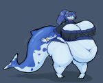  anthro big_breasts big_butt big_tail blue_body blue_eyes blue_hair breasts butt cetacean cleavage clothed clothing female ghornyb hair hi_res huge_breasts huge_butt huge_thighs hyper hyper_breasts hyper_butt hyper_thighs mammal marine morbidly_obese morbidly_obese_anthro morbidly_obese_female navel obese obese_anthro obese_female one_eye_closed open_mouth overweight overweight_anthro overweight_female shadow simple_background smile solo tail thick_thighs unknown_character wink 