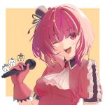  arima_kana black_headwear blush bob_cut chiikawa gloves happy hat highres holding holding_microphone idol idol_clothes inverted_bob looking_at_viewer microphone one_eye_closed open_mouth orange_background oshi_no_ko pink_gloves powdered_milk99 red_eyes red_hair red_shirt shirt short_hair simple_background smile solo upper_body 