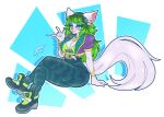  abstract_background anthro big_breasts bling blue_eyes blush bottomwear breasts canid canine clothing crossed_legs female fox fur green_bottomwear green_clothing green_hair green_pants hair hi_res long_hair mammal pants salt_(paladins) sketchytodd solo white_body white_fur yoga_pants 