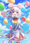  1girl :d absurdres animal_ears arm_up balloon blue_sky blush bow brooch cloud collared_shirt fake_animal_ears frilled_skirt frills granblue_fantasy heart heart_brooch highres jacket jewelry looking_at_viewer mouse_ears niccoriii open_mouth outdoors pink_skirt red_bow red_eyes shading_eyes shirt short_hair short_sleeves skirt sky smile solo vikala_(granblue_fantasy) white_hair white_jacket 