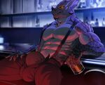  abs anthro arm_strap beverage biceps bottomwear bulge claws clothed clothing container cup detailed_background dioni5 dragon glowing glowing_eyes hi_res holding_object horn hybrid looking_at_viewer male muscular muscular_anthro muscular_male mythology nails open_bottomwear open_clothing open_pants pants pecs pupils scalie serratus sharp_claws sharp_horn sharp_nails sitting slit_pupils smile smirk solo spikes suspenders topless unzipped unzipped_pants zipper zipper_down 