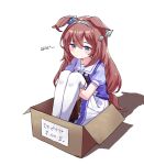  1girl ahoge animal_ears blue_eyes blush box brown_hair cardboard_box dated_commentary ear_ornament ears_down full_body hair_between_eyes hair_ornament hairclip headband horse_ears horse_tail in_box in_container jambujok knees_up korean_text long_hair mihono_bourbon_(umamusume) petticoat pleated_skirt sad school_uniform simple_background sitting skirt solo tail thighhighs tracen_school_uniform translation_request umamusume white_background white_skirt 