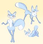  anthro biped blue_body blue_fur canid canine female feral fox fur genitals hi_res labbit1337 mammal one_eye_closed pussy quadruped simple_background solo wink yellow_background yellow_eyes 