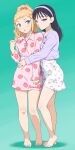  2girls absurdres barefoot black_hair blonde_hair blue_eyes buttons english_text floral_print full_body hair_ornament headband heart heart_hair_ornament highres hug ichikawa_masahiro mima_sachi minami_koharu multiple_girls pajamas pink_pajamas purple_eyes simple_background watashi_ga_motenai_no_wa_dou_kangaetemo_omaera_ga_warui! 