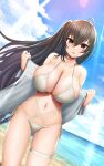  1girl absurdres abukobato ahoge ass_visible_through_thighs azur_lane bare_shoulders beach bikini black_hair blue_sky breasts cleavage collarbone hair_between_eyes highres huge_breasts long_hair long_sleeves looking_at_viewer navel ocean off_shoulder official_alternate_costume one_side_up open_clothes open_shirt parted_lips red_eyes shirt shore sideboob sky smile solo stomach swimsuit taihou_(azur_lane) taihou_(seaside_daydreams)_(azur_lane) thighs white_bikini white_shirt 