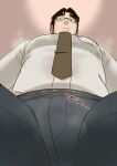  1boy bara belt bulge collared_shirt crotch from_below glasses highres large_pectorals long_sideburns looking_at_viewer male_focus mature_male mochi_(boc) mustache_stubble original pants pectorals salaryman shirt short_hair sideburns solo steaming_body sweat sweaty_clothes thick_eyebrows thighs 
