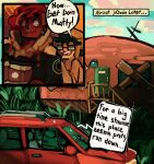  car chrisjcueto clothed clothing comic detailed_background hair hi_res human male mammal red_hair speech_bubble vehicle 
