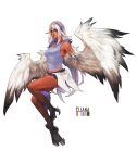  1girl bare_shoulders bird_legs blue_eyes blue_hair blue_tank_top character_name eliana_(mgl139) facial_mark feathers full_body gradient_wings harpy heterochromia highres long_hair midriff monori_rogue monster_girl multicolored_hair multicolored_wings original second-party_source shorts simple_background solo talons tan tank_top white_background white_feathers white_hair winged_arms wings yellow_eyes 