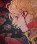  1boy blonde_hair blood blood_from_eyes fish highres hunter_x_hunter ik18166181ik kurapika looking_to_the_side male_focus parted_lips red_eyes short_hair solo underwater 