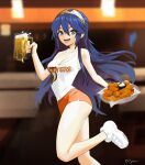  1girl absurdres alcohol alternate_costume beer beer_mug blue_eyes blue_hair breasts chicken_wing cleavage commentary contrapposto cup employee_uniform english_commentary fire_emblem fire_emblem_awakening highres holding holding_cup holding_tray hooters long_hair lucina_(fire_emblem) medium_breasts mug myahogao open_mouth orange_shorts sauce shoes short_shorts shorts signature smile sneakers solo tank_top tiara tongue tongue_out tray uniform very_long_hair waitress white_tank_top 