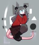 american_opossum anthro black_bottomwear black_clothing black_skirt boots bottomwear clothed clothing crouching ear_piercing eyebrows eyelashes eyewear felinehexes female footwear full-length_portrait fully_clothed glasses grey_background grey_hair hair hi_res long_hair looking_at_viewer mammal marsupial piercing pink_nose portrait red_clothing red_sweater red_topwear round_glasses side_view simple_background skirt smile solo sweater tail topwear white_body white_eyes 