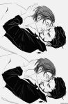  2boys absurdres beard_stubble couple dracule_mihawk forked_eyebrows from_side full_beard greyscale highres kaizer_(kaizerxking) kiss lying_on_person male_focus mature_male monochrome multiple_boys one_piece profile shanks_(one_piece) short_hair sideburns_stubble thick_eyebrows upper_body yaoi 