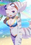  2023 anthro beach blush breasts chest_tuft clothing cybernetic_arm cybernetic_limb ear_piercing ear_ring eyebrows eyelashes eyewear eyewear_on_head female fur goggles goggles_on_head green_eyes hi_res kemono kou_hiyoyo lombax looking_at_viewer mammal navel one_eye_closed open_mouth outside piercing ratchet_and_clank ring_piercing rivet_(ratchet_and_clank) seaside solo sony_corporation sony_interactive_entertainment striped_body striped_fur stripes tuft wink 