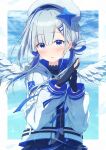 1girl absurdres amane_kanata amane_kanata_(3rd_costume) angel_wings asymmetrical_bangs belt beret black_dress black_gloves blue_belt blue_eyes blue_hair blue_sky blue_theme blush colored_inner_hair commentary_request dress feathered_wings gloves grey_hair hair_ornament hairclip hat high_collar highres hololive jacket long_hair long_sleeves looking_at_viewer low_twintails mini_wings multicolored_hair official_alternate_costume official_alternate_hair_length official_alternate_hairstyle own_hands_clasped own_hands_together parted_lips partially_fingerless_gloves purple_eyes rino_kou sky solo twintails two_side_up virtual_youtuber white_headwear white_jacket white_wings wings 