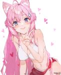  1girl animal_ears blush breasts cleavage closed_mouth collarbone hakui_koyori haru_on highres hololive large_breasts long_hair looking_at_viewer navel pink_hair purple_eyes simple_background smile stomach tail virtual_youtuber white_background wolf_ears wolf_girl wolf_tail 