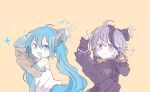  2girls :d absurdres ahoge arm_behind_head blue_eyes blue_hair blush chibi closed_mouth commentary_request detached_sleeves flower_(vocaloid) hair_between_eyes hair_ornament hatsune_miku highres hood hood_down jacket long_hair long_sleeves looking_at_viewer multicolored_hair multiple_girls ok_sign open_mouth purple_eyes purple_hair purple_jacket shirt short_hair simple_background sleeves_past_wrists smile star_(symbol) twintails two-tone_hair upper_body v very_long_hair vocaloid white_shirt xxxx_saki 