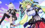  2girls ahoge ai-chan_(chrono_navi)_(honkai_impact) ai-chan_(honkai_impact) bad_source black_footwear black_gloves black_headwear black_shorts blue_eyes closed_mouth collaboration cosplay crossed_arms galo_thymos galo_thymos_(cosplay) gloves green_hair hair_between_eyes hand_on_own_chin highres holding holding_sword holding_weapon honkai_(series) honkai_impact_3rd kiana_kaslana kiana_kaslana_(herrscher_of_flamescion) lio_fotia lio_fotia_(cosplay) logo long_hair long_sleeves looking_at_viewer multiple_girls official_alternate_costume official_art ponytail promare red_eyeliner red_eyes shorts single_thighhigh sitting smile sword thigh_strap thighhighs twintails upper_body weapon white_hair white_sleeves 