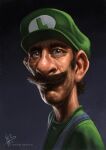  blue_eyes clothing facial_hair green_clothing green_hat green_headwear hat headgear headwear hi_res human human_only looking_at_viewer luigi male mammal mario_bros mustache nintendo not_furry nuno_benito realistic signature simple_background solo 