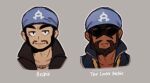  2boys archie_(pokemon) bandana beard black_eyes blue_bandana bodysuit character_name closed_mouth commentary dark-skinned_male dark_skin facial_hair grey_background jewelry logo male_focus meme multiple_boys necklace outline petalpaladin pokemon pokemon_(game) pokemon_oras pokemon_rse shirt simple_background smile team_aqua the_cooler_daniel_(meme) wetsuit 