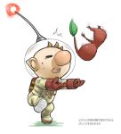  1boy ^^^ backpack bag big_nose brown_hair buttons catching closed_eyes colored_skin commentary_request falling from_behind full_body gloves helmet leaf leg_up naru_(wish_field) olimar open_mouth outstretched_arms patch pikmin_(creature) pikmin_(series) pointy_ears radio_antenna red_bag red_gloves red_light red_pikmin red_skin shadow short_hair space_helmet spacesuit speed_lines sweat teeth translation_request very_short_hair whistle white_background 